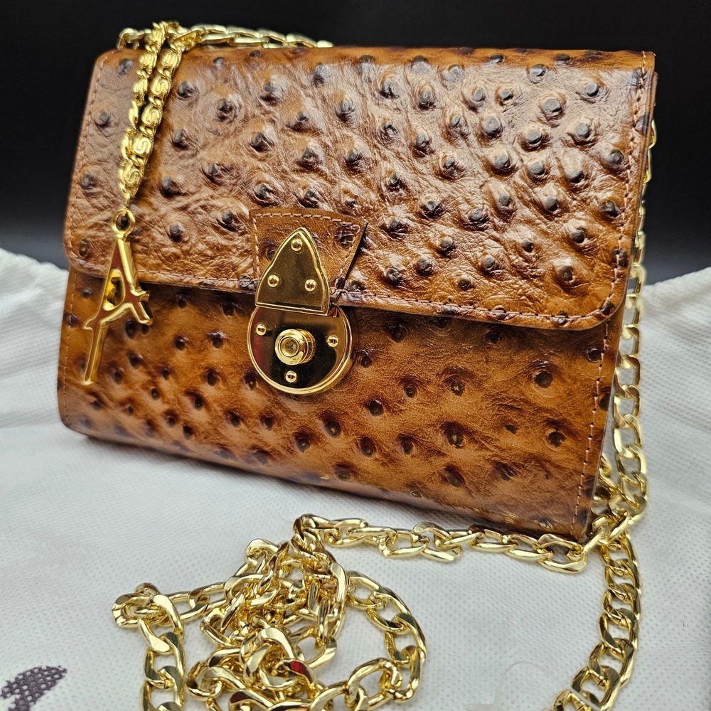 Andalossi Ostrich Embossed Leather Crossbody Flap Chain Shoulder Bag‎ Gold Tan - Picture 6 of 16